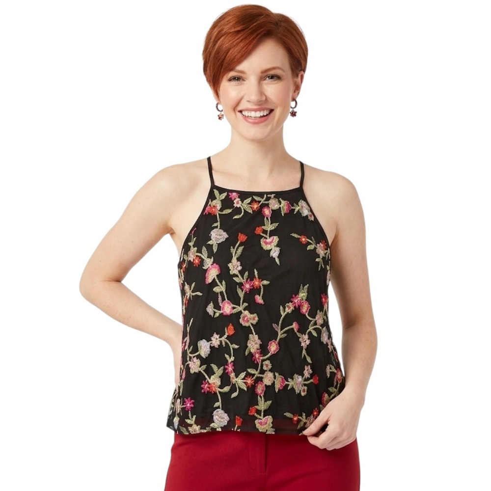 Ambiance Women Black Floral Embroidered Halter Camisole Size S Adjustable Straps
